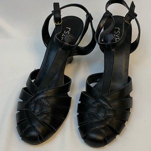 RSVP Leather weaved closed toe wedge sandals.